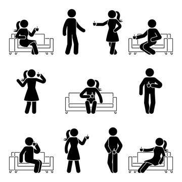 Stick figure man and woman drinking coffee set. Vector illustration of resting people on sofa