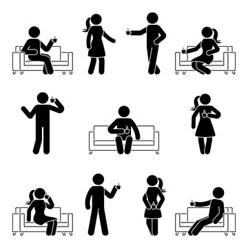Stick figure man and woman relaxing on sofa set. Vector illustration of drinking coffee pictogram on white
