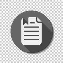 document with text and bookmark. White flat icon with long shado