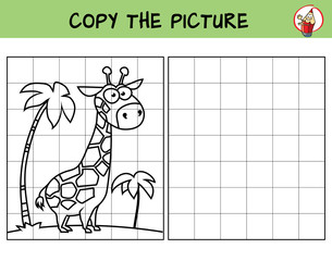 Obraz premium Funny giraffe. Copy the picture. Coloring book. Educational game for children. Cartoon vector illustration