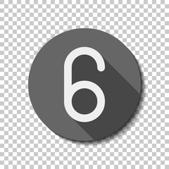 Number six, numeral, simple letter. White flat icon with long sh