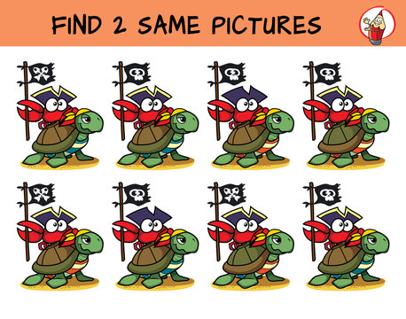A turtle and a funny crab with a pirate flag. Find two the same pictures. Educational matching game for children. Cartoon vector illustration