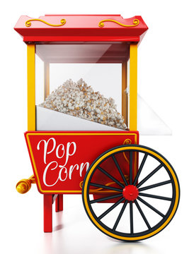 Vintage popcorn cart isolated on white background. 3D illustration