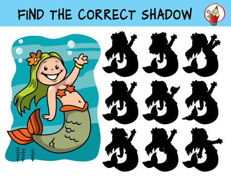 Cute little mermaid. Find the correct shadow. Educational matching game for children. Cartoon vector illustration