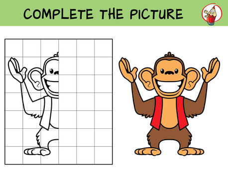 Complete the picture of a funny monkey. Copy the picture. Coloring book. Educational game for children. Cartoon vector illustration