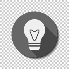 bulb, simple icon. White flat icon with long shadow in circle on