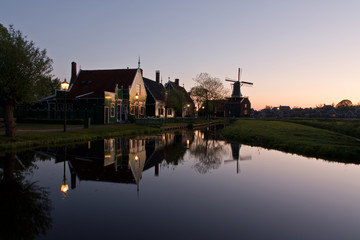 Water reflections in Zaanse Schans at dusk, The Netherlands