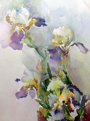 Abstract bright colored decorative background . Floral pattern handmade . Beautiful tender romantic bouquet of iris flowers  , made in the technique of watercolors from nature.