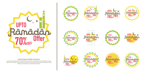 Ramadan sale offer banner set design. Promotion poster, voucher, discount, label, greeting card of Ramadan Kareem and Eid Mubarak celebration. background vector illustration