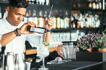 Expert bartender pouring alcohol