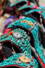 Zanskari women wearing ethnic traditional Ladakhi headdress with turquoise stones called Perakh Perak, Ladakh, India