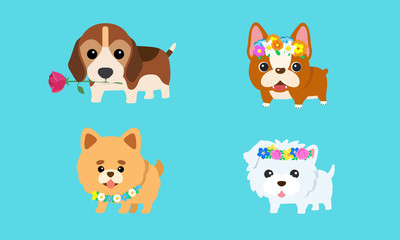 Vector cute puppy with a variety of colorful flowers
