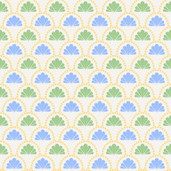 Vector abstract seamless wavy pattern with dotted geometrical fish scale layout with flowers