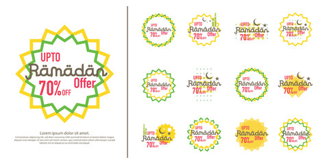 Ramadan sale offer banner set design. Promotion poster, voucher, discount, label, greeting card of Ramadan Kareem and Eid Mubarak celebration. background vector illustration
