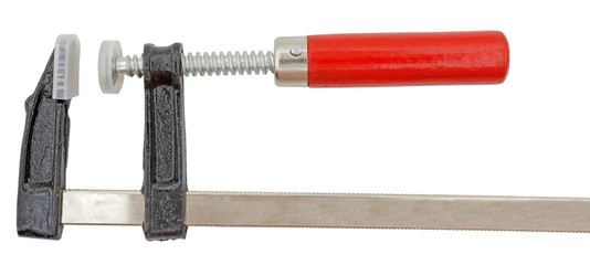 Open carpentry screw clamp with red handle