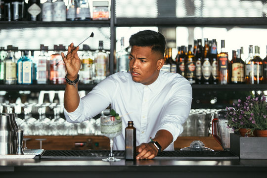 Expert bartender with cocktail bar spoon