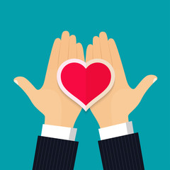 Two hands holding a heart. Valentines day. Vector flat style illustration
