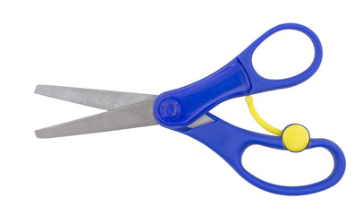 Pair of blue handled scissors isolated on white