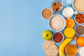 Useful breakfast on a blue pastel background