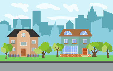 Vector city with two two-story cartoon houses and green trees in the sunny day. Summer urban landscape. Street view with cityscape on a background 