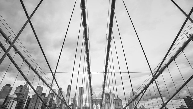 Fototapeta Black and white wide angle picture of the Brooklyn Bridge, New York City, USA.