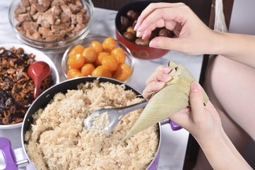 Procedure step of making zongzi or rice dumpling recipe on Dragon Boat   Festival, Asian traditional food