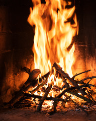 A fire burns in a fireplace