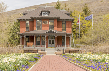 Park City Public Library and former Miners Hospital with spring daffodils. Park City, Utah, USA.