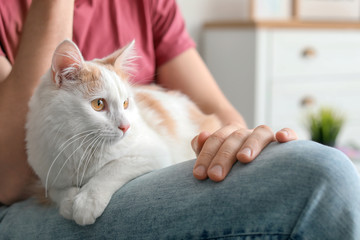 Young man with cute cat at home
