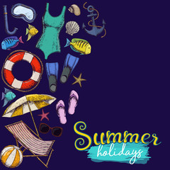 Set of beach summer holidays accessories, sketch cartoon illustration. Vector