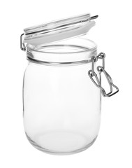 Empty glass jar on white background