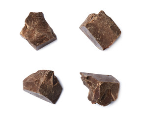 Delicious chocolate chunks on white background