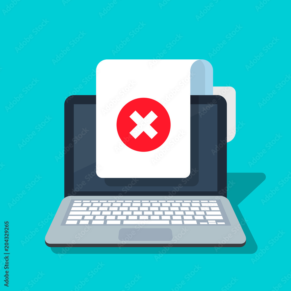 Poster document and cross vector icon on laptop background. concept or incorrect form or rejection symbol. 
