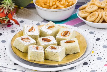 Indian Sweet Food Badam Barfi Also Know As Mithai, barfee, Mawa Barfi, Mava barfi, Almond Sweet, khoya Burfi Indian Popular Sweet Made up of Coconut, Mawa, Milk and Sugar