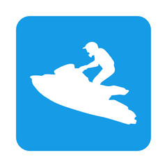 Icono plano silueta moto acuatica en cuadrado azul
