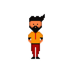 Pixel 8 bit young guy character hipster vector isolated illustration