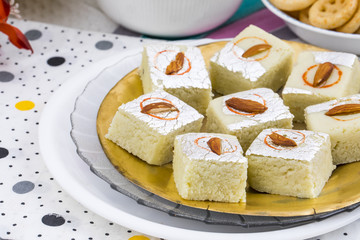 Indian Sweet Food Badam Barfi Also Know As Mithai, barfee, Mawa Barfi, Mava barfi, Almond Sweet, khoya Burfi Indian Popular Sweet Made up of Coconut, Mawa, Milk and Sugar