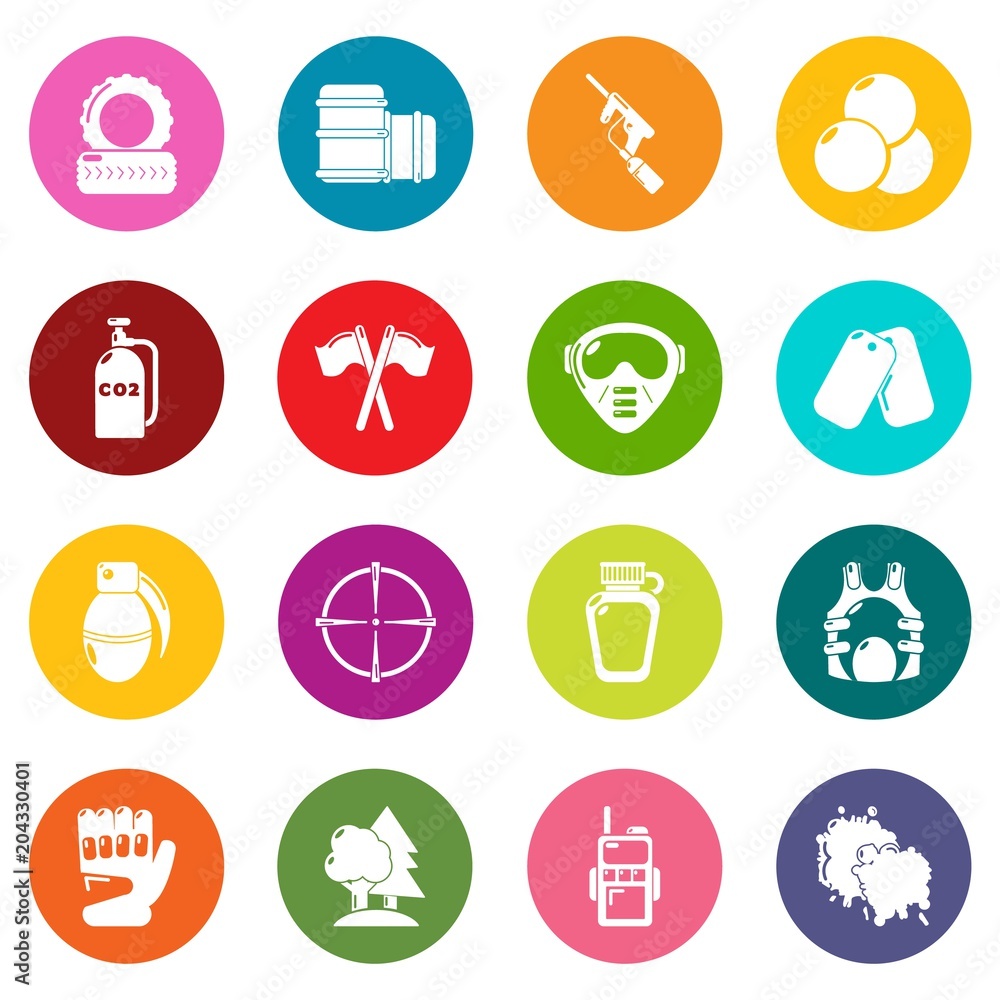 Poster paintball icons set colorful circles vector