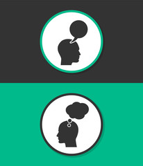 Human profile with speech bubble vector icon.