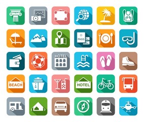 Travel, vacation, tourism, leisure, icons, flat, colored, vector. Different types of recreation and ways to travel. White pictures on a colored background with shadow. Vector.   