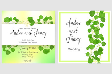 Save the date card, wedding invitation, greeting card with beautiful flowers, green leaves of linden