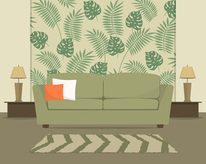 Living room in green. There is a sofa in the background of wallpaper with a tropical pattern. There are also lamps and carpet in the picture. Vector illustration