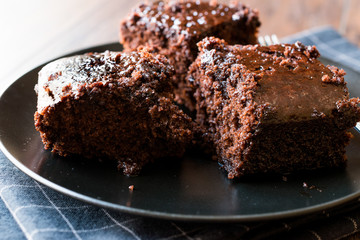 Moist Chocolate Sponge Cake Brownie Pieces in Black Plate