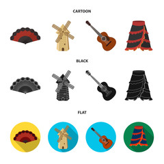 Fan Spanish, mill, guitar, skirt for national Spanish dances. Spain country set collection icons in cartoon,black,flat style vector symbol stock illustration web.