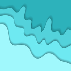 Blue abstract wavy paper cut water background. Cute square wallpaper with waves of light and dark turquoise color for tropical summer tourist, travel banner design
