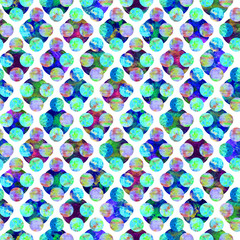 Bright circles forming rhombus abstract grunge colorful splashes texture watercolor seamless pattern design in blue, green, purple colors palette on white background