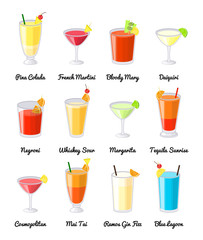 Popular alcoholic drinks set.