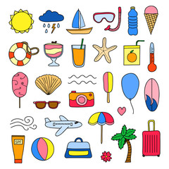 Set of doodle summer and vacation items.