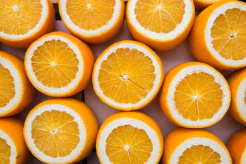 Background of opened oranges for sale at the city farmers market