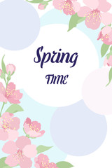 Vertical template with cherry sakura flowers blossom spring flowers. Corner decoration. Design for invitation, banner, card, poster, flyer. Spring time text placeholder. Pink blue green colors.